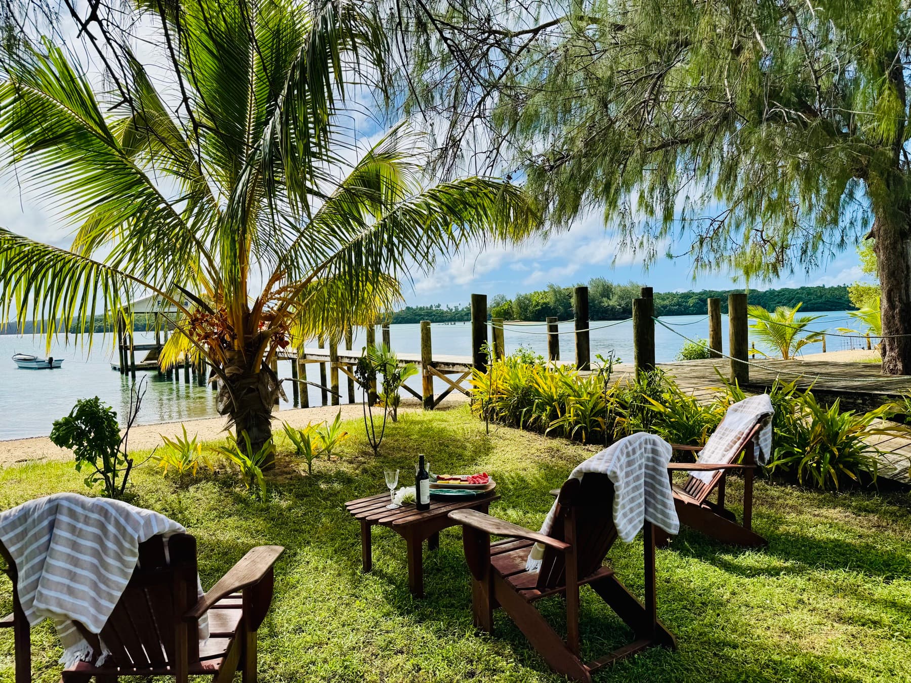Garden seating with palm trees and ocean view